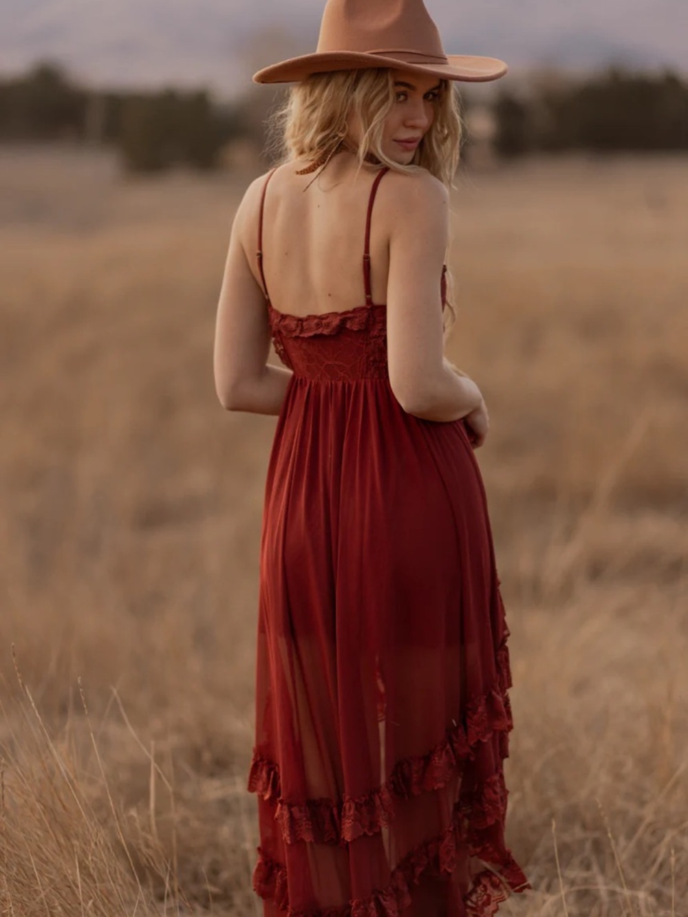 Joyfolie Rust Red High-Low Ruffle Maxi Dress - Picture 2 of 3